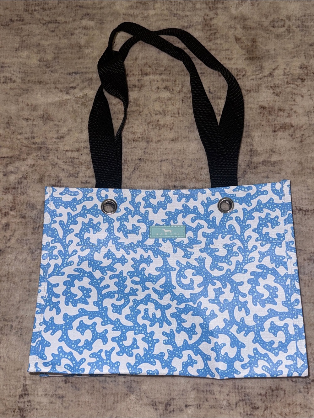 Scout Blue and White Swirl-Print Tote with Black Straps